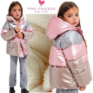 Pink Chicken Duck Down Girl Pink Puffer Jacket Metallic Colorblock Sherpa 12Y